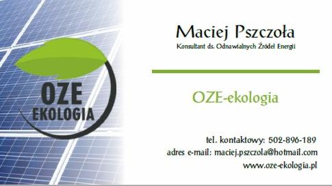 Wizytówka konsultanta ds. odnawialnych źródeł energii z Bałachów, Macieja Pszczoły, z logo OZE-ekologia na tle paneli słonecznych.