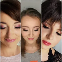 Kolaż trzech portretów kobiet z różnymi stylizacjami oczu i ust: różowe cienie i błyszczyk, brązowe cienie i matowa pomadka, złote cienie i czerwona pomadka z połyskiem.