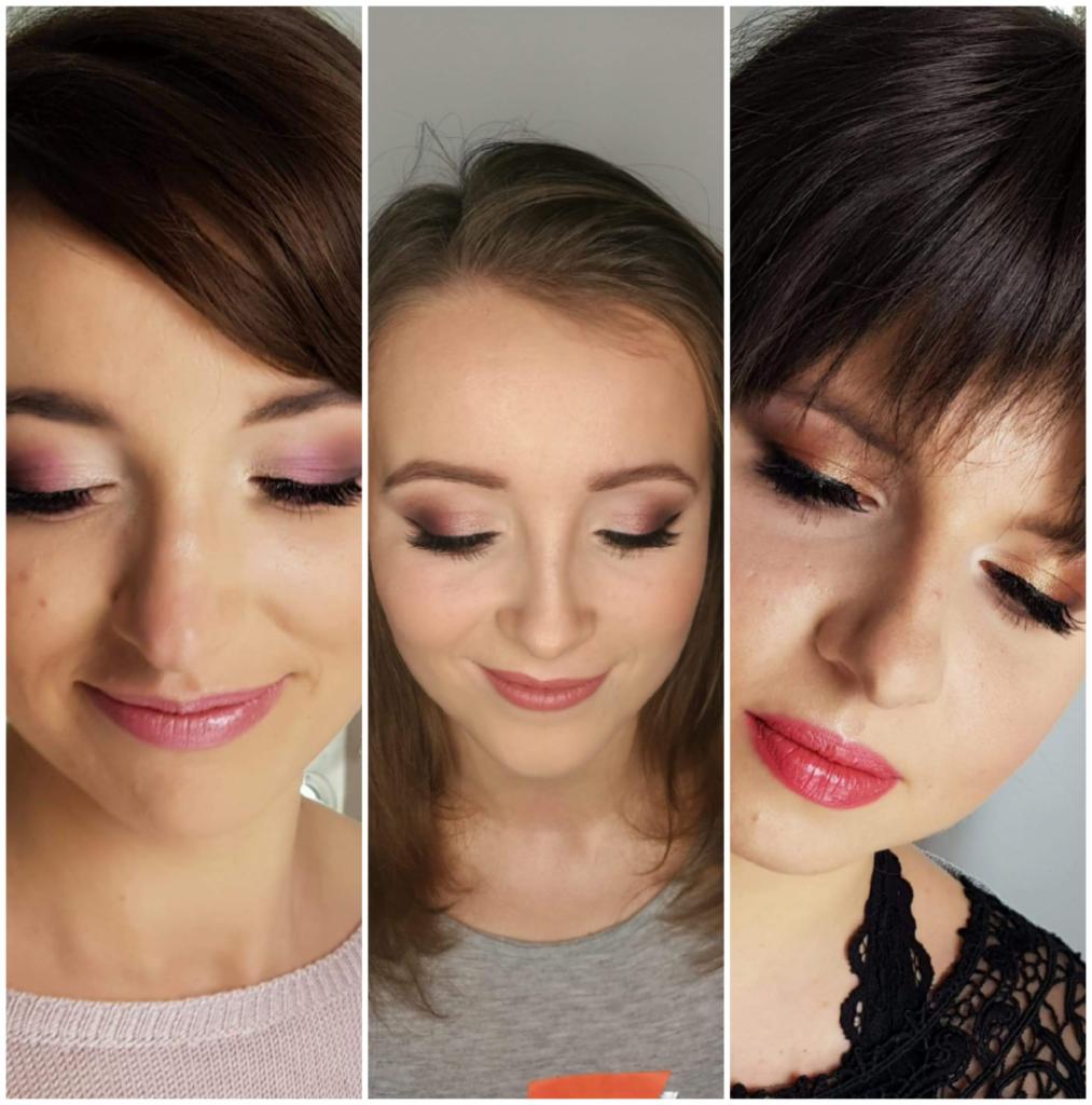 Kolaż trzech portretów kobiet z różnymi stylizacjami oczu i ust: różowe cienie i błyszczyk, brązowe cienie i matowa pomadka, złote cienie i czerwona pomadka z połyskiem.