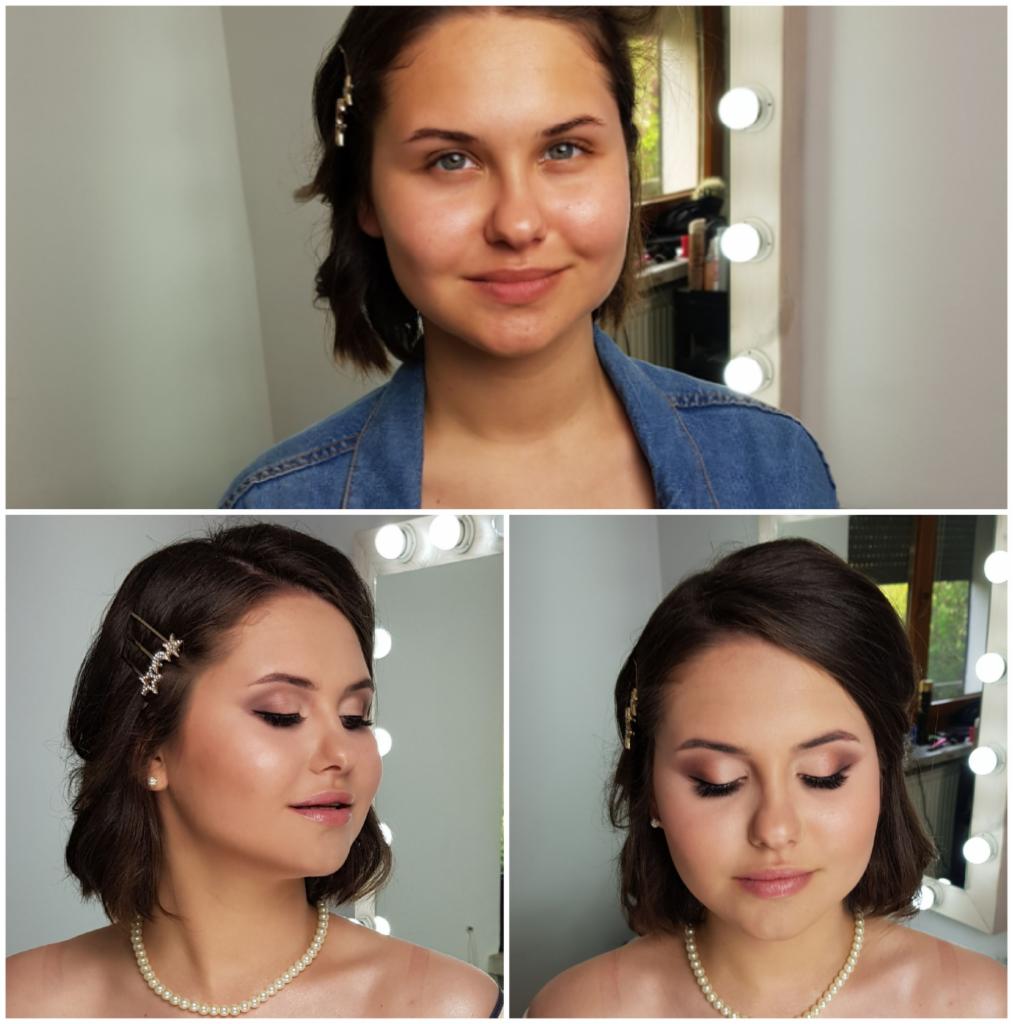 Kolaż przedstawiający przemianę: twarz kobiety przed i po wykonaniu delikatnego, wieczorowego upiększenia z perłowym naszyjnikiem i ozdobnymi wsuwkami we włosach, na tle lustra z oświetleniem.