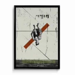 Oprawiona grafika przedstawiająca akrobatę w locie na abstrakcyjnym tle z elementami krajobrazu, utrzymana w stylistyce retro kolażu.