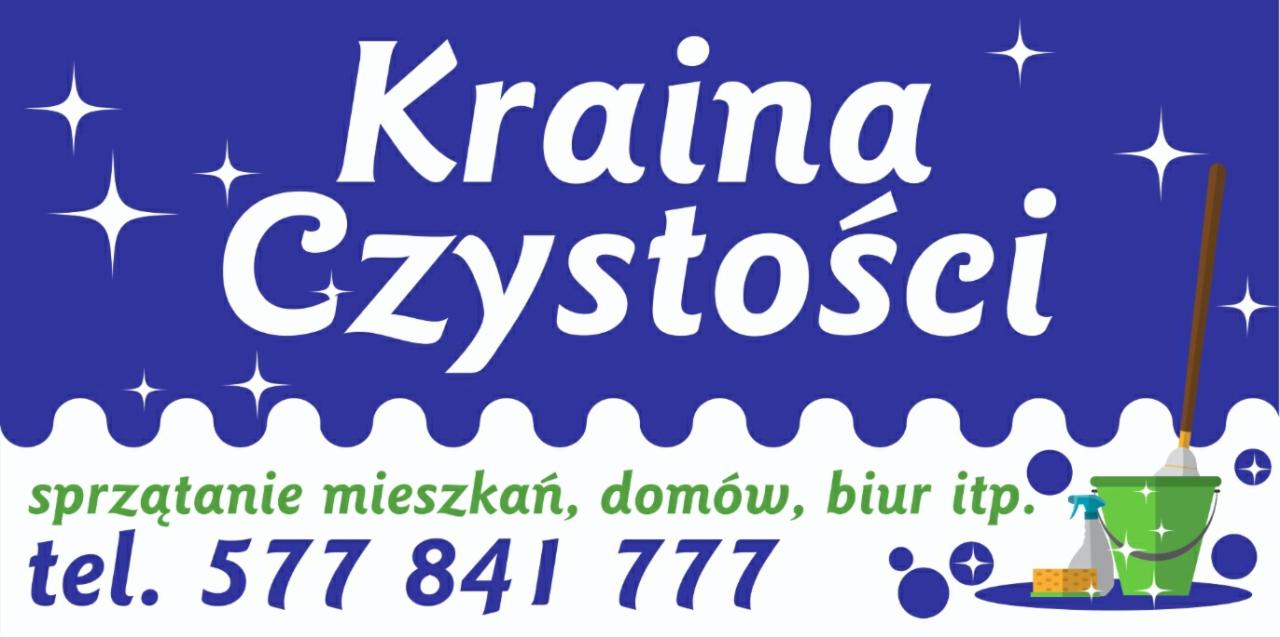 Grafika reklamowa firmy 'Kraina Czystości' oferującej sprzątanie mieszkań, domów i biur, z numerem telefonu 577 841 777, ilustracją wiadra z mopem, gąbki i butelki ze spryskiwaczem na niebieskim tle.