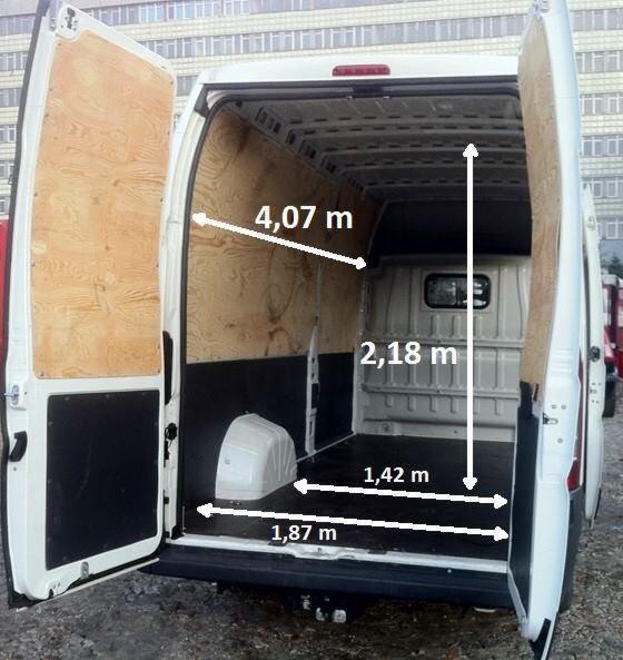 Wnętrze pustej furgonetki z otwartymi tylnymi drzwiami, widoczne wymiary przestrzeni ładunkowej zaznaczone strzałkami i wartościami w metrach.