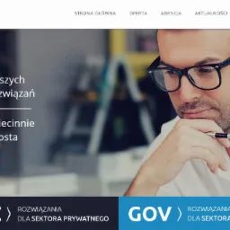 Mężczyzna w okularach zamyślony nad stroną internetową z hasłami 'Obsługa jest dziecinnie prosta' i 'Rozwiązania dla sektora prywatnego i publicznego'.