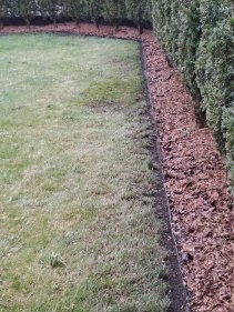 Granica trawnika oddzielona od żywopłotu pasem kory, tworząc estetyczne przejście. Widok z góry, podkreślający regularność i dbałość o detale w aranżacji ogrodu.