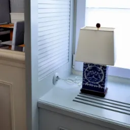 Biała, lakierowana zabudowa okienna z żaluzjowymi drzwiczkami i niebiesko-białą lampką nocną, widok z perspektywy wnętrza z elementami wystroju restauracji.