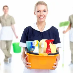 Uśmiechnięta blondynka w uniformie pokojówki prezentuje pomarańczowy pojemnik z różnymi środkami czystości, w tle widoczne inne osoby z mopami, wiadrami i szczotkami.