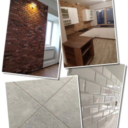 WARTKO USŁUGI REMONTOWE MICHAŁ SKOTNICZNY - Kolaż zdjęć przedstawiający fragment ściany z cegły klinkierowej z oświetleniem punktowym, kuchnię z białymi szafkami i drewnianym blatem oraz wyspą, szare płytki podłogowe i błyszczące, kremowe...
