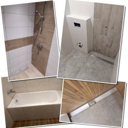 WARTKO USŁUGI REMONTOWE MICHAŁ SKOTNICZNY - Kolaż z czterech ujęć wyremontowanej łazienki: kabina prysznicowa z odpływem liniowym i chromowaną armaturą, zabudowa WC z przyciskiem spłukującym, wanna obudowana płytkami oraz zbliżenie odpływu...