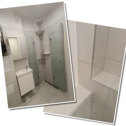 WARTKO USŁUGI REMONTOWE MICHAŁ SKOTNICZNY - Nowoczesna łazienka z kabiną prysznicową z dwiema szklanymi ściankami, umywalką na szafce i wykończeniem w jasnych płytkach imitujących kamień, z widocznym odpływem liniowym i półką w kabinie.