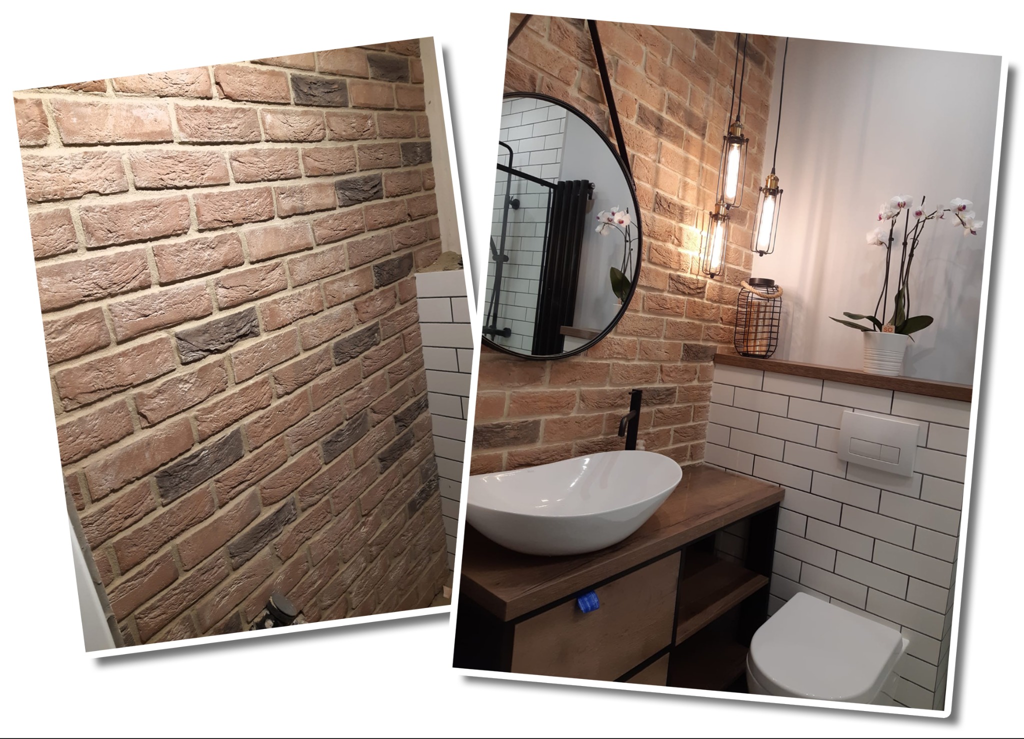 Nowoczesna łazienka z ceglaną ścianą, owalną umywalką nablatową na drewnianej szafce, okrągłym lustrem i minimalistyczną toaletą w białych płytkach.