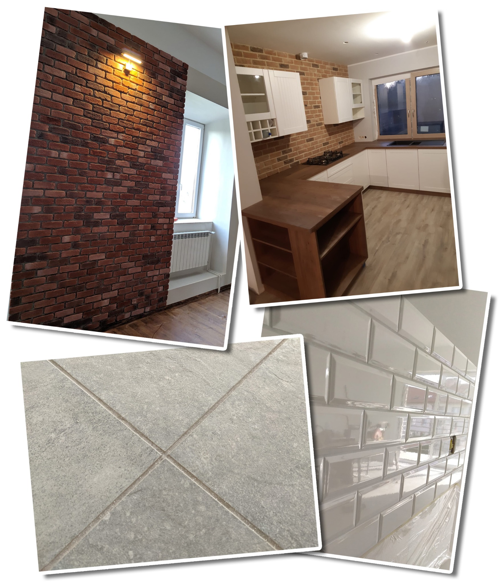Kolaż zdjęć przedstawiający fragment ściany z cegły klinkierowej z oświetleniem punktowym, kuchnię z białymi szafkami i drewnianym blatem oraz wyspą, szare płytki podłogowe i błyszczące, kremowe...