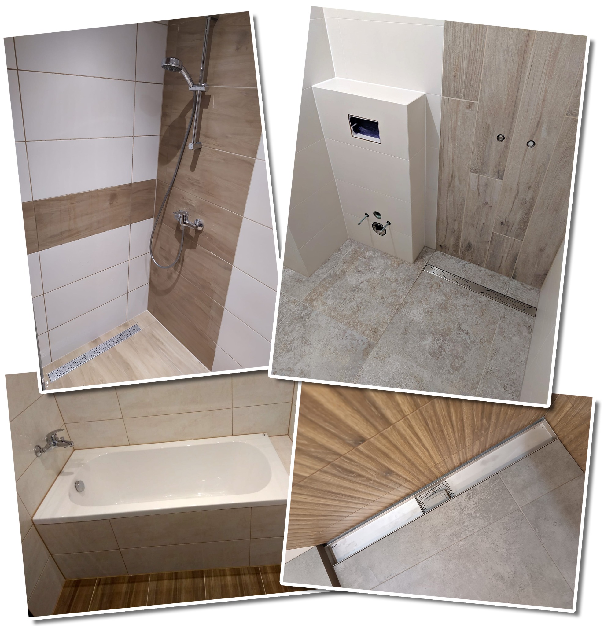 Kolaż z czterech ujęć wyremontowanej łazienki: kabina prysznicowa z odpływem liniowym i chromowaną armaturą, zabudowa WC z przyciskiem spłukującym, wanna obudowana płytkami oraz zbliżenie odpływu...