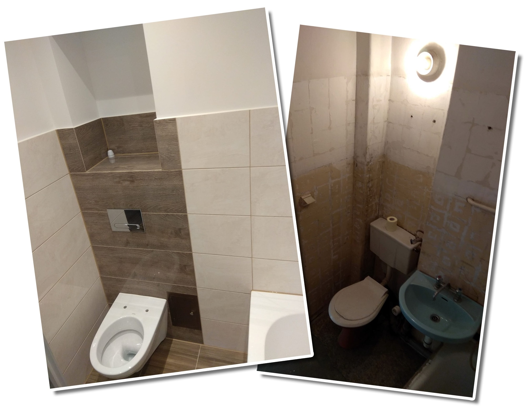 Porównanie stanu łazienki przed i po: Po lewej stronie wyremontowana toaleta z beżowo-brązowymi płytkami, chromowanym przyciskiem spłukiwania i półką. Po prawej stronie stara, zaniedbana łazienka...