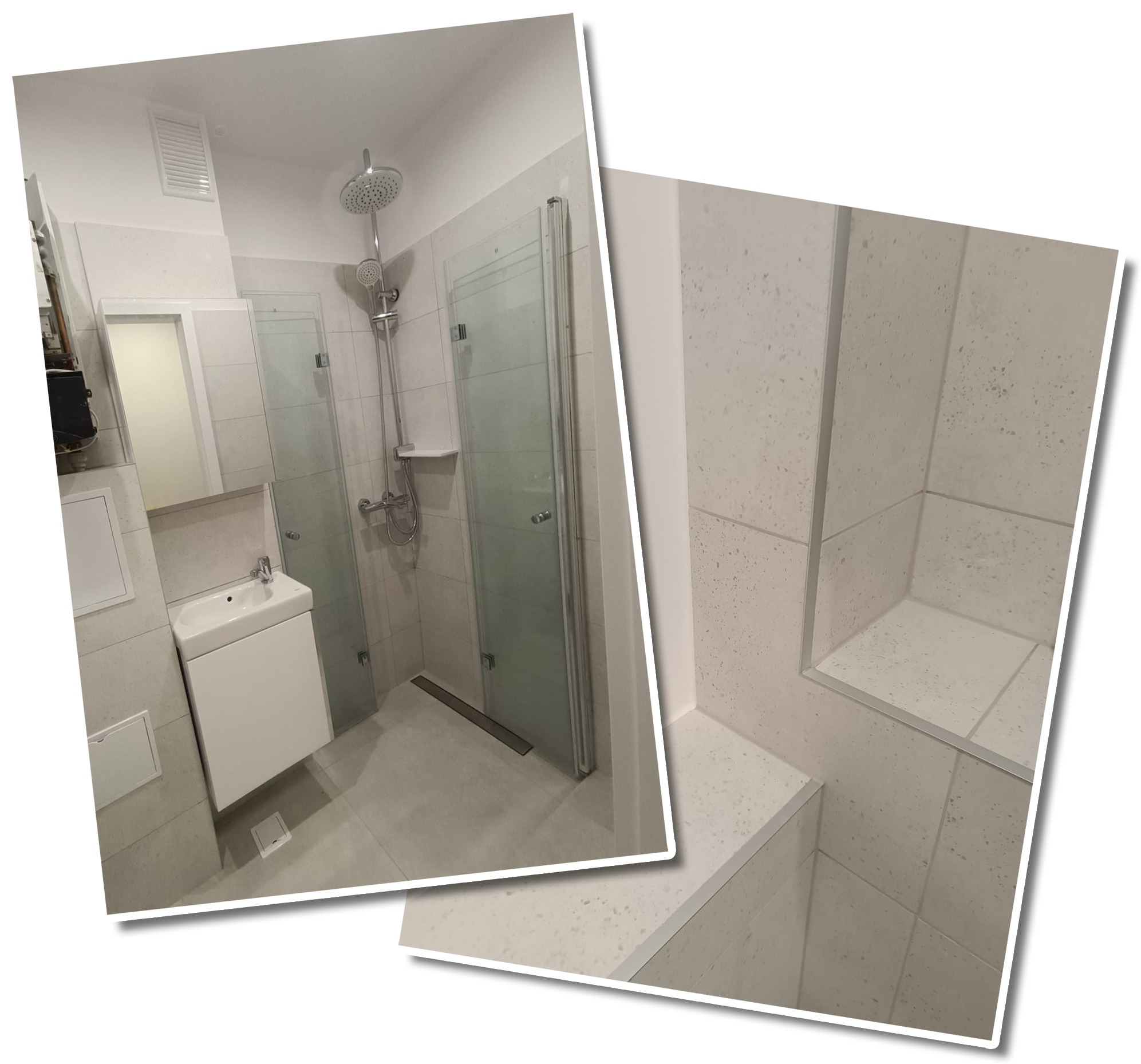 Nowoczesna łazienka z kabiną prysznicową z dwiema szklanymi ściankami, umywalką na szafce i wykończeniem w jasnych płytkach imitujących kamień, z widocznym odpływem liniowym i półką w kabinie.