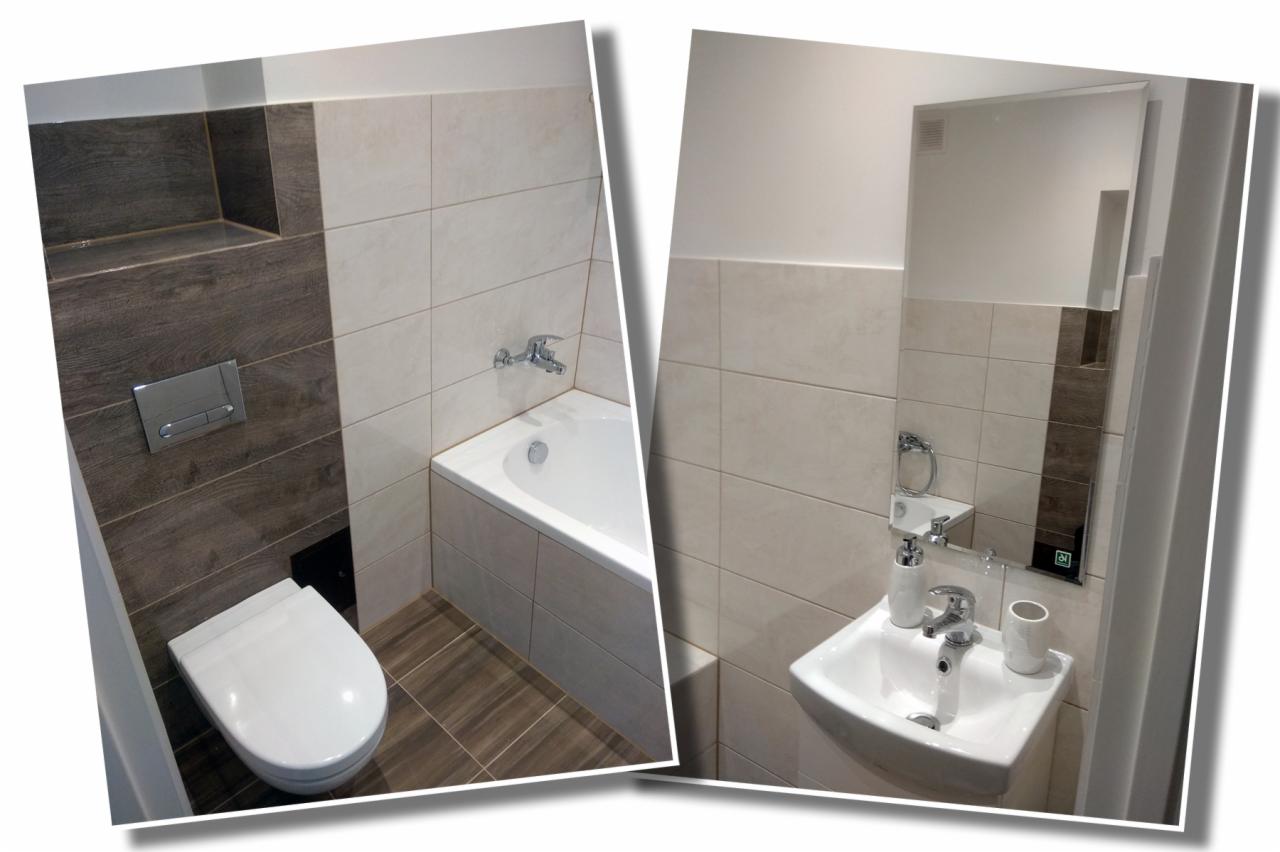 Nowoczesna łazienka po remoncie, z płytkami imitującymi drewno, białą armaturą i prostokątnym lustrem z podświetleniem.