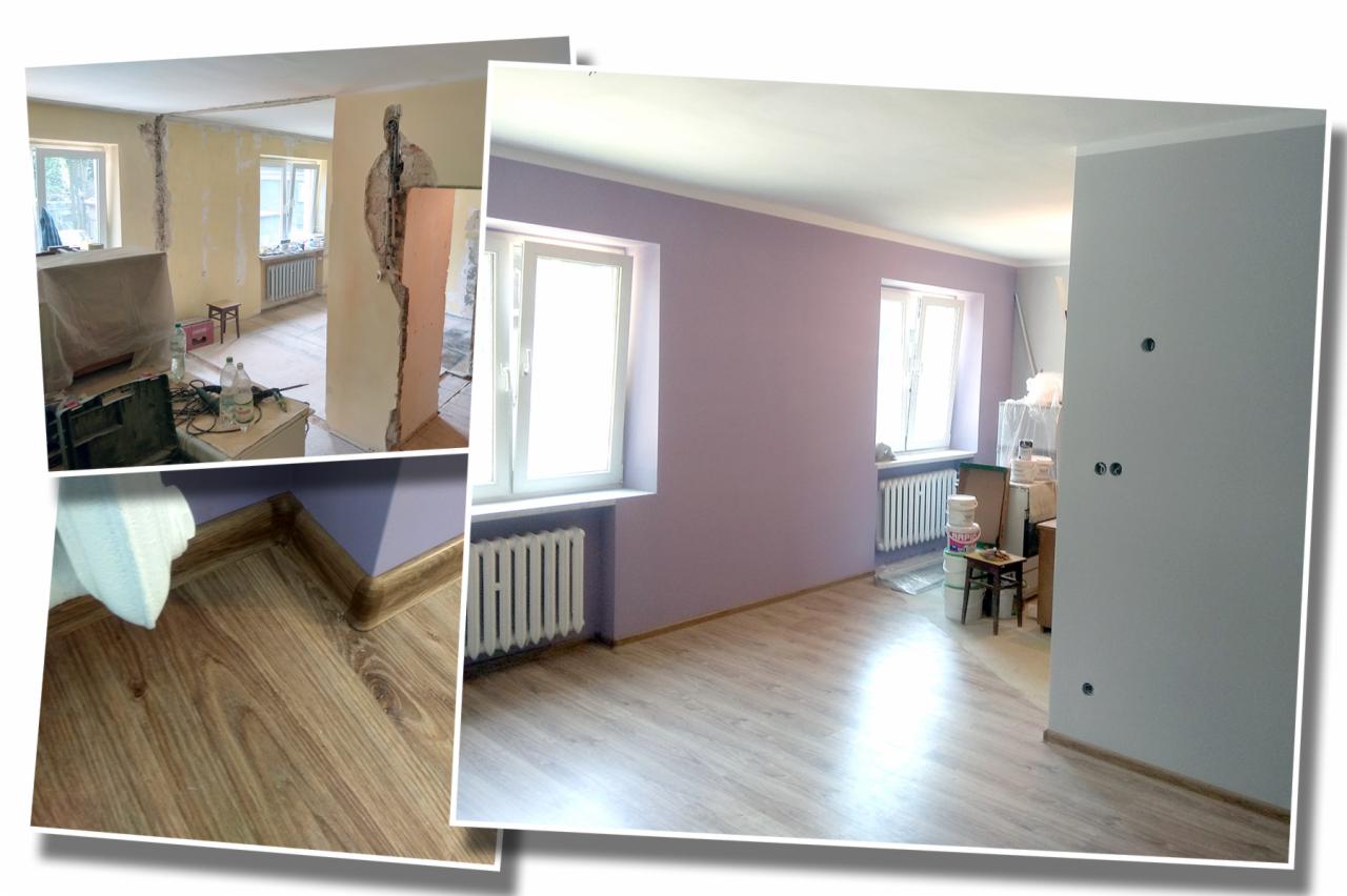Pokój po remoncie: ściany pomalowane na liliowo, drewniana podłoga z listwami przypodłogowymi, okna z białymi parapetami, grzejniki. Fragment pokoju przed remontem widoczny w lewym górnym rogu.