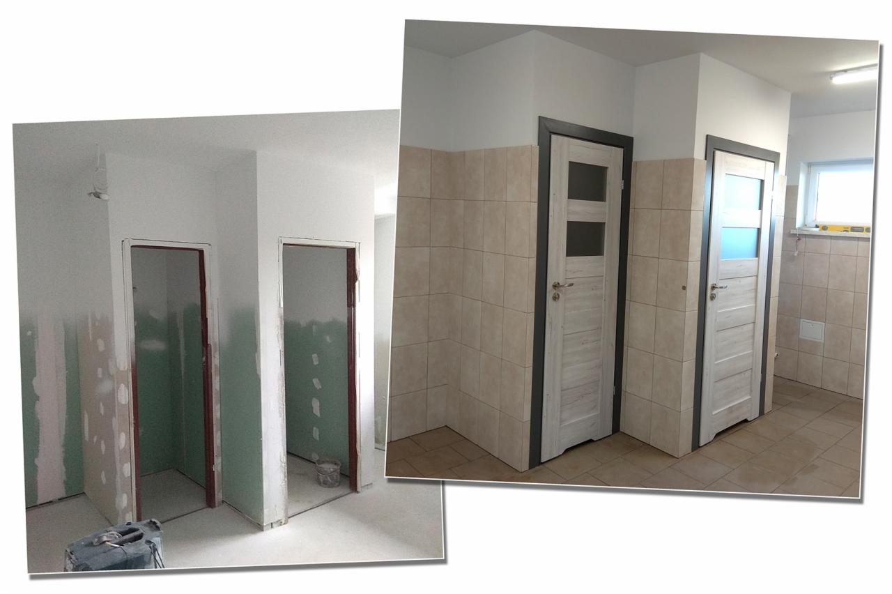 Porównanie stanu łazienki przed i po: surowe ściany z resztkami gładzi i otworami drzwiowymi kontra wykończona łazienka z beżowymi płytkami i dwiema białymi, przeszklonymi drzwiami z szarymi...