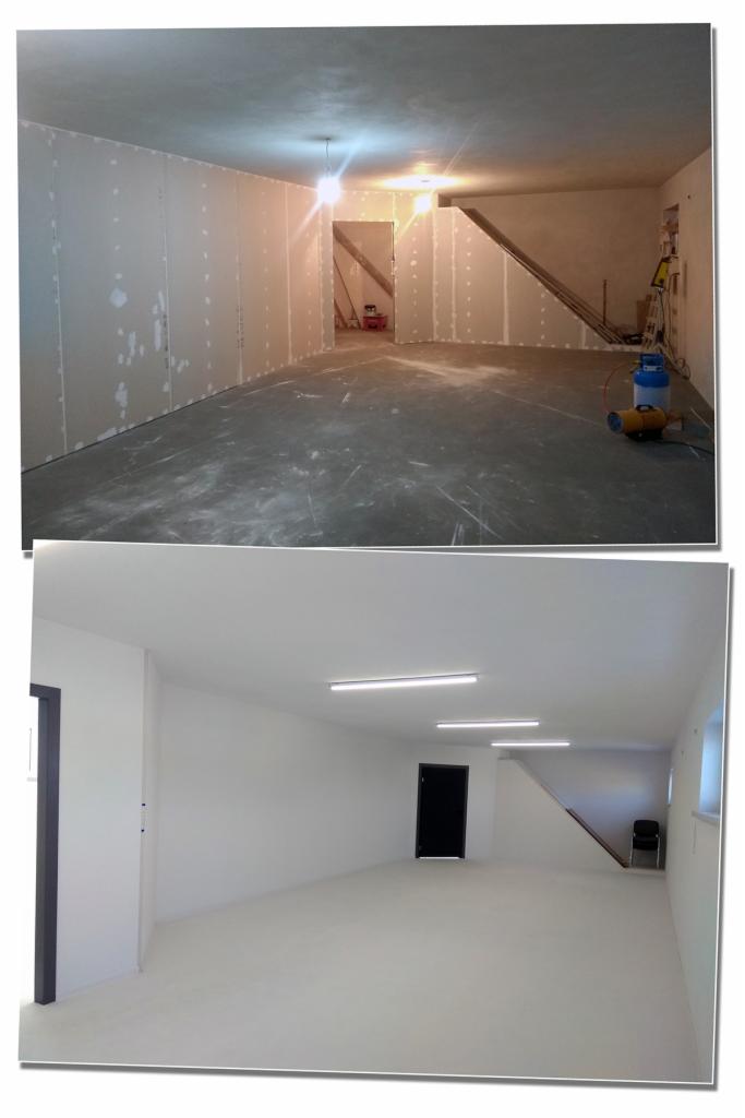 Dwuetapowe ujęcie wnętrza: górna część przedstawia surowe ściany z płyt kartonowo-gipsowych, widoczne łączenia i szpachlowanie, surowy beton na podłodze, narzędzia w tle; dolna część ukazuje to...