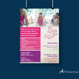 Plakat reklamujący zajęcia jogi dla dzieci w wieku 4-10 lat, z logo Motyla Joga, przedstawiający dzieci ćwiczące jogę w tle i listę korzyści z zajęć.