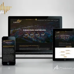 Responsywna strona internetowa Elbląg Music Masterclass wyświetlana na laptopie, tablecie i smartfonie na szarym tle.
