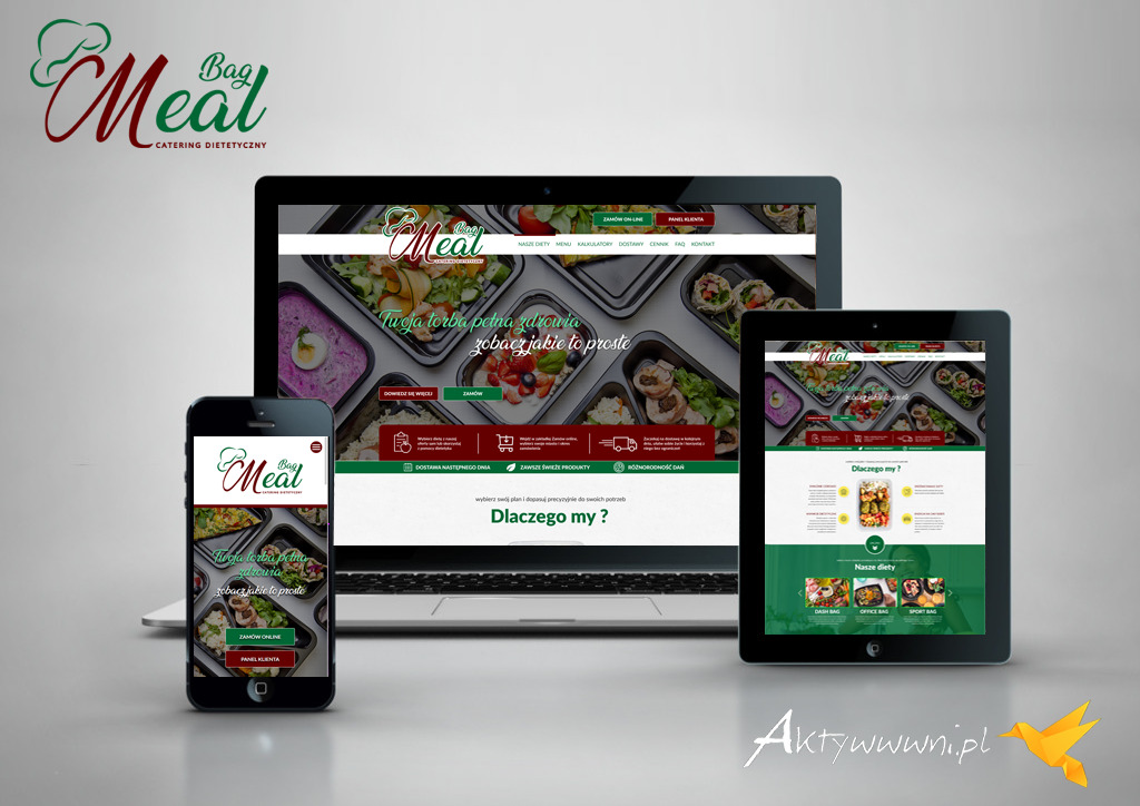Prezentacja responsywnej strony internetowej cateringu dietetycznego Bag Meal na laptopie, tablecie i smartfonie, z widocznym logo i menu nawigacyjnym.