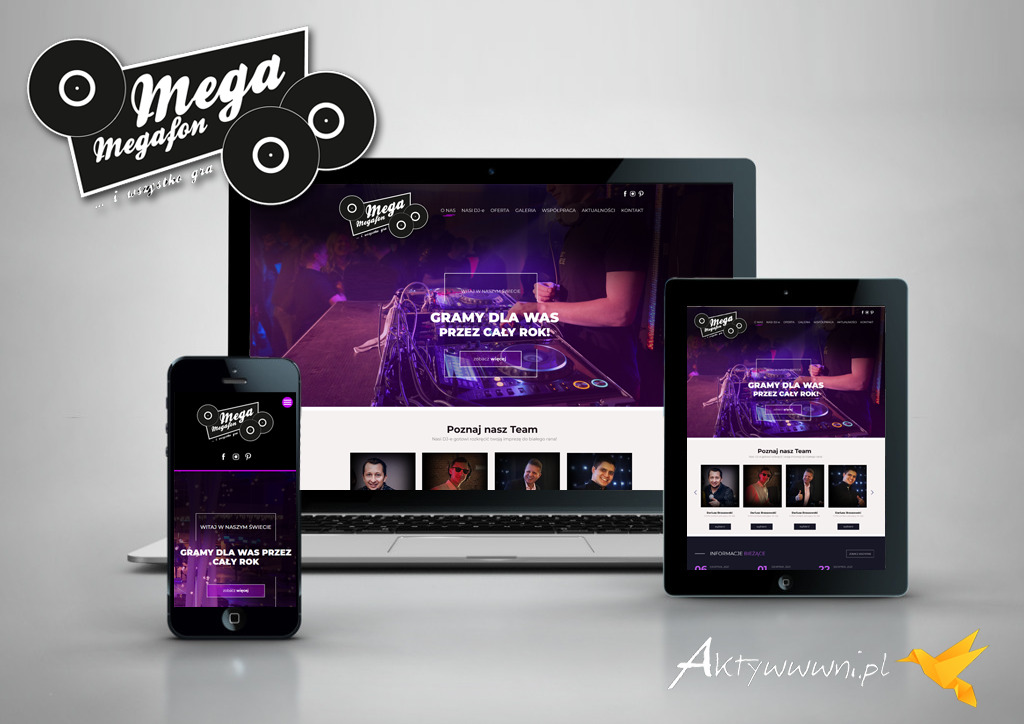 Responsywna strona internetowa na laptopie, tablecie i smartfonie, prezentująca projekt dla DJ-a, z logo Mega Megafon i hasłem 'Gramy dla Was przez cały rok!'