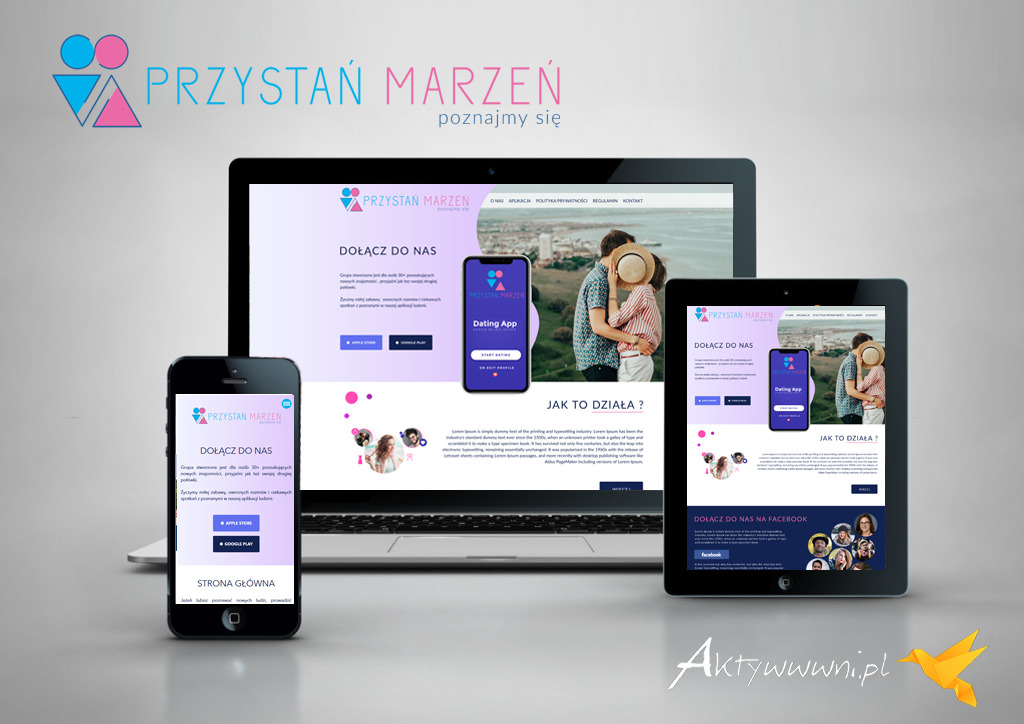 Prezentacja responsywnego projektu strony internetowej i aplikacji mobilnej 'Przystań Marzeń' na laptopie, tablecie i smartfonie, ukazująca interfejs użytkownika i funkcjonalność serwisu randkowego.