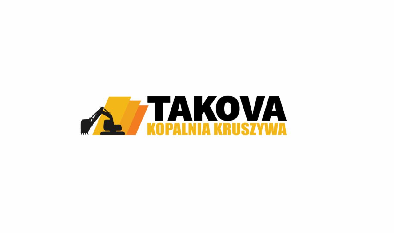 Logo firmy TAKOVA Kopalnia Kruszywa z sylwetką koparki na tle żółto-pomarańczowych bloków.