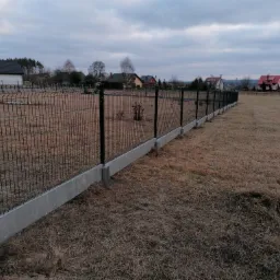 Nowoczesne ogrodzenie panelowe z podmurówką betonową na tle wiejskich domów pod pochmurnym niebem.