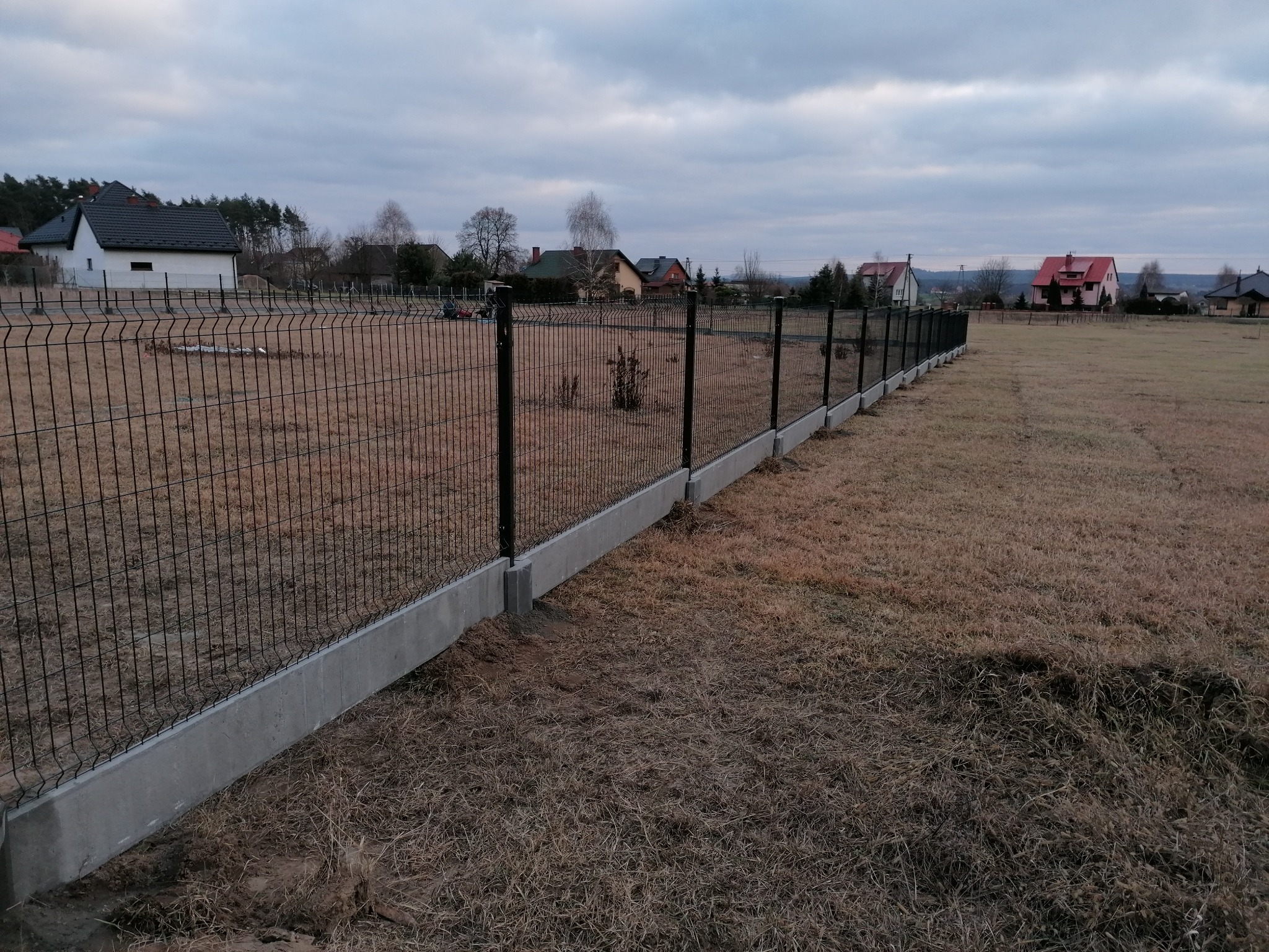 Nowoczesne ogrodzenie panelowe z podmurówką betonową na tle wiejskich domów pod pochmurnym niebem.