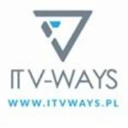 Logo firmy IT V-WAYS z adresem strony internetowej itvways.pl, szaro-błękitna kolorystyka, na białym tle.