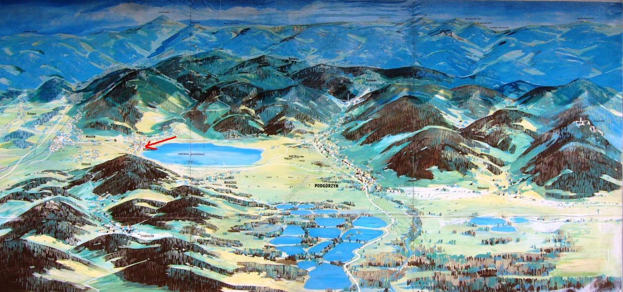 Malownicza, ręcznie rysowana mapa topograficzna górskiego krajobrazu z zaznaczonym Soliną i okolicznymi miejscowościami, jeziorami oraz szczytami.