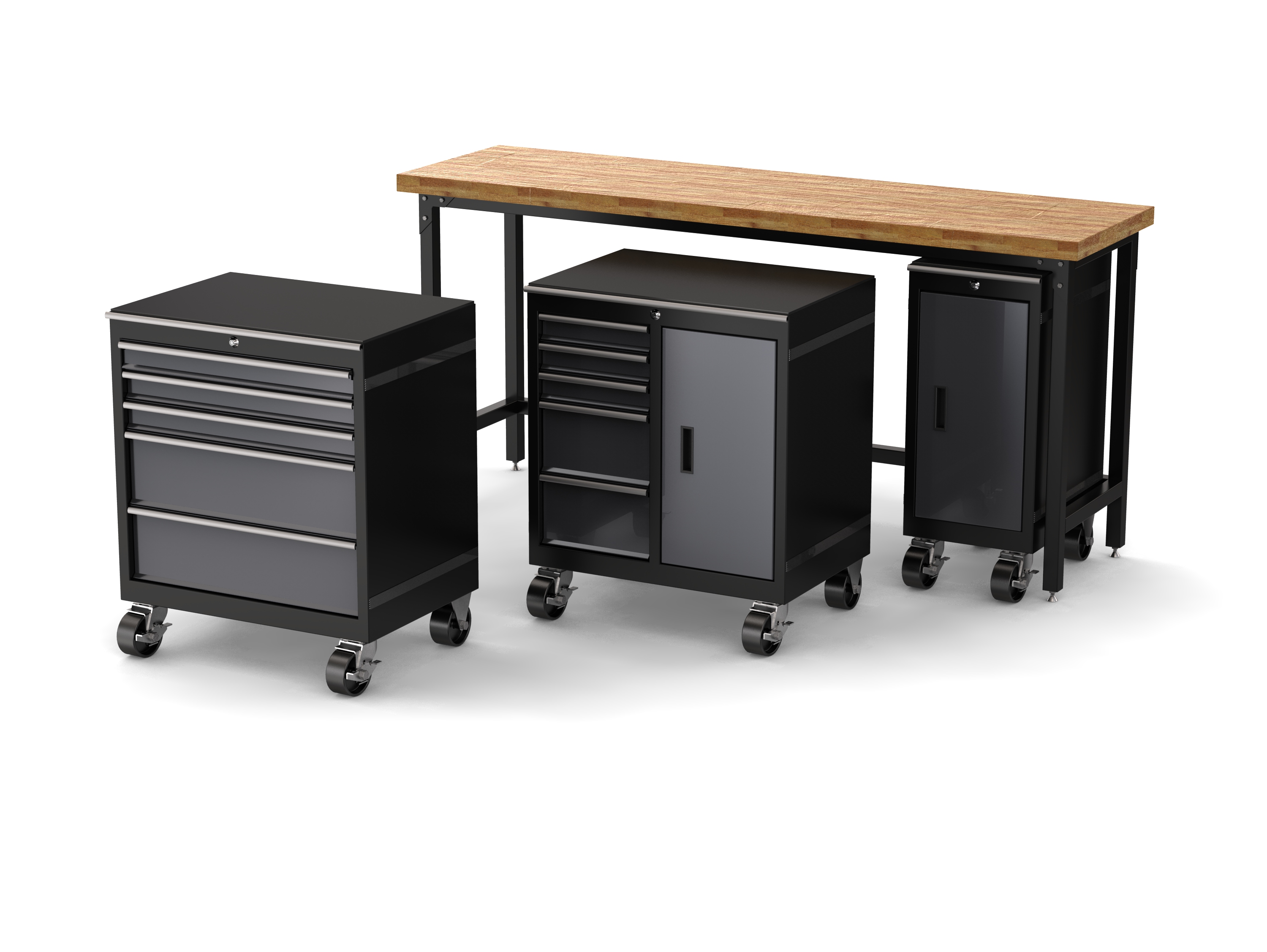 Wizualizacja warsztatu: drewniany blat na czarnym metalowym stelażu, obok szafka narzędziowa z szufladami i szafka zamykana, obie na kółkach.