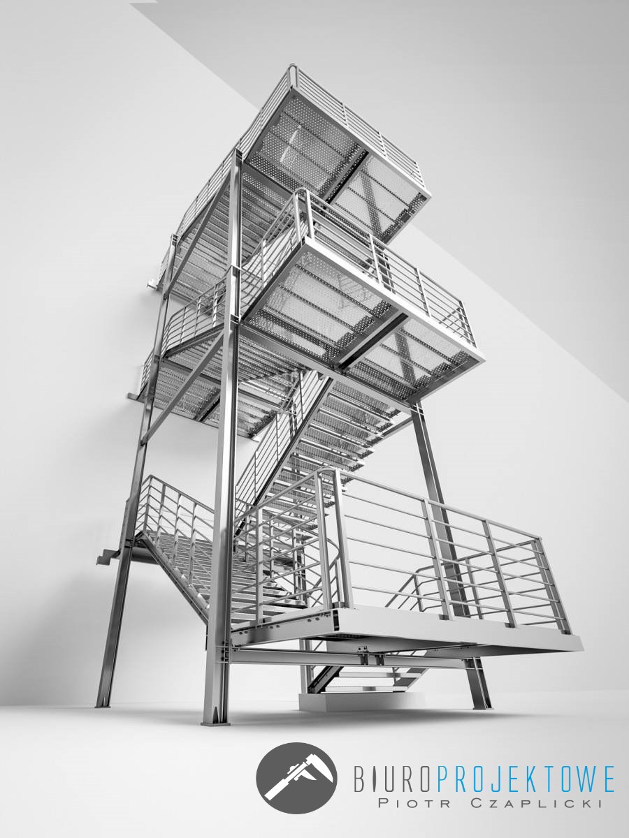 Wizualizacja schodów ewakuacyjnych zewnętrznych z platformami, metalowa konstrukcja na tle białej ściany, widok z dołu, logo firmy w rogu.