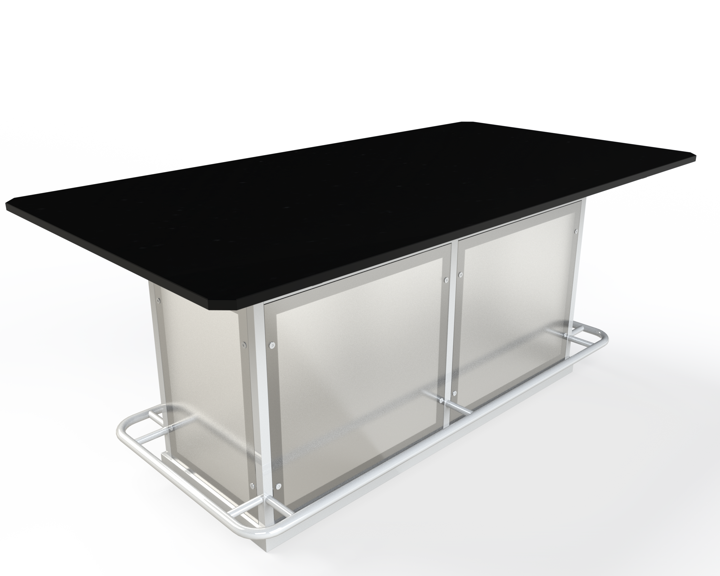 Wizualizacja 3D baru z czarnym blatem, metalową ramą i podnóżkiem, na białym tle.