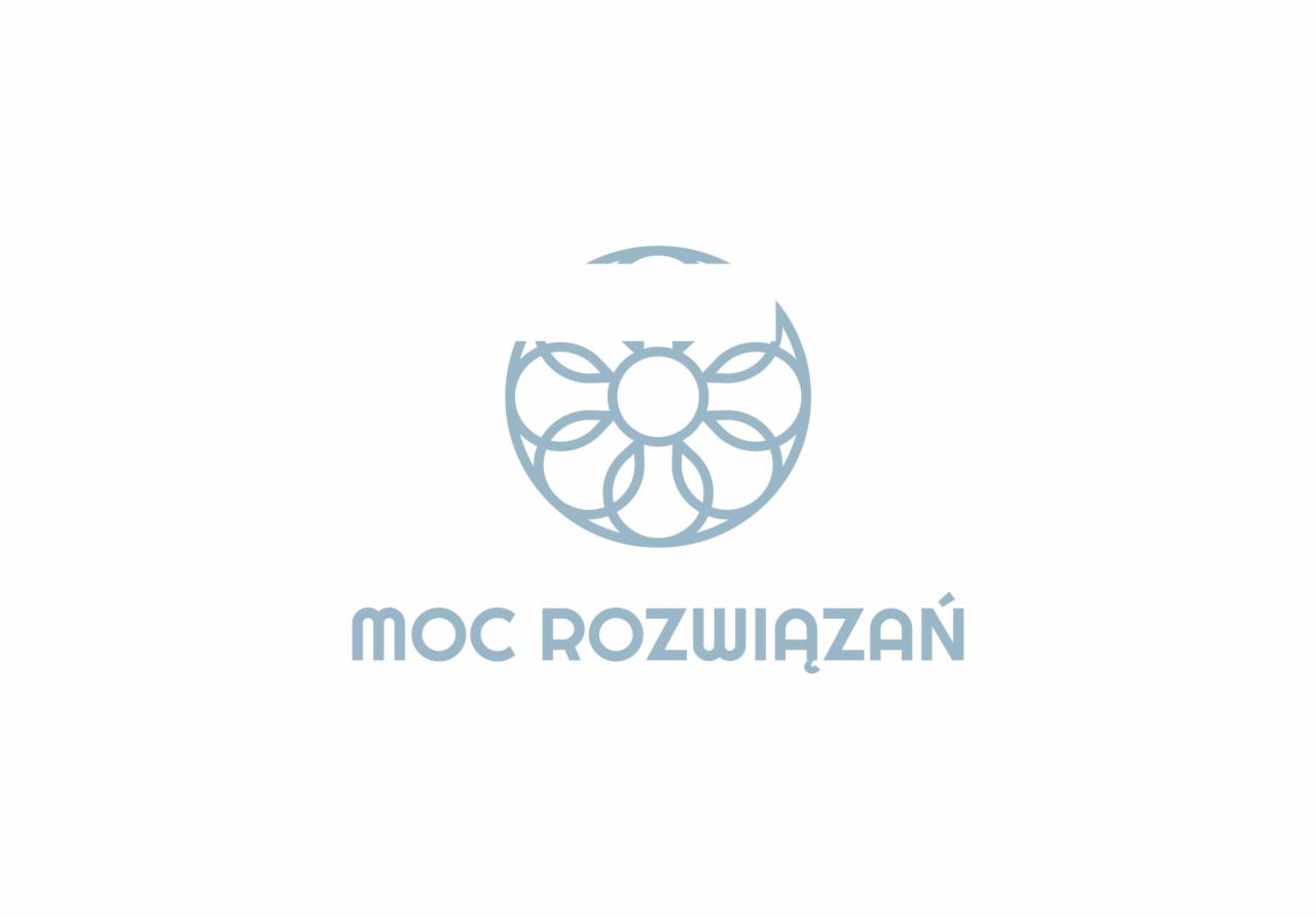 Logotyp firmy 'Moc Rozwiązań' z abstrakcyjnym, geometrycznym motywem kwiatowym w odcieniach błękitu.