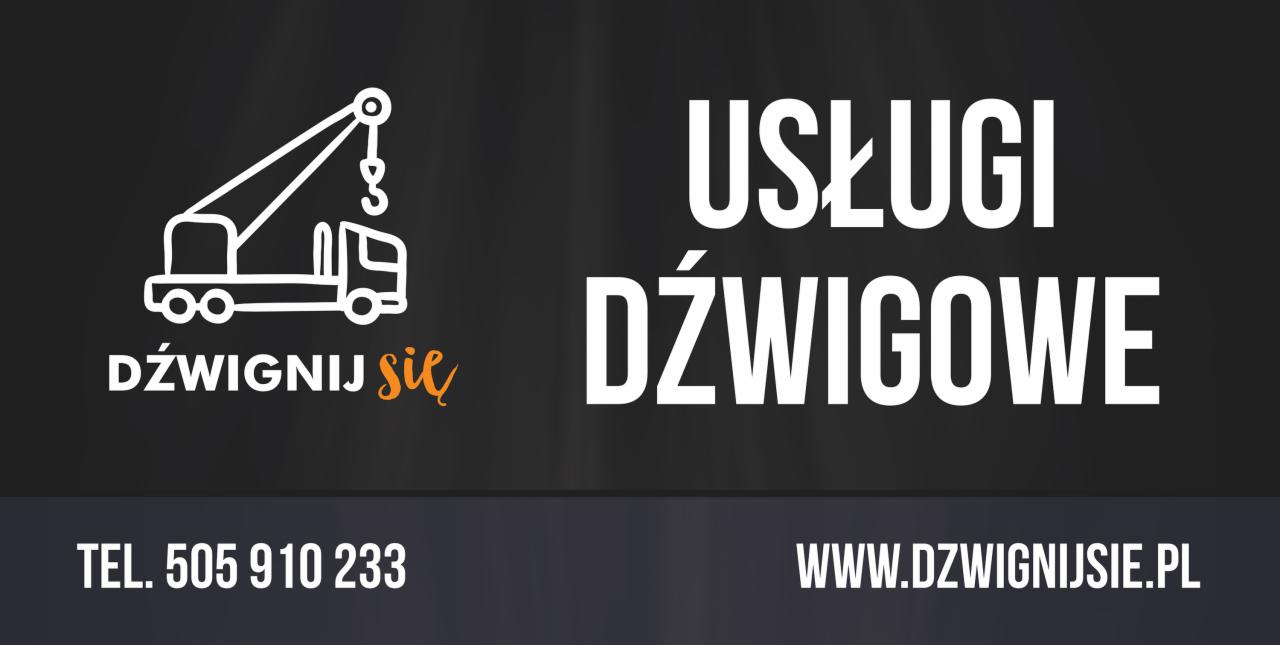 Grafika reklamowa firmy z branży dźwigowej: schematyczny rysunek dźwigu obok napisu 'Dźwignij się', numer telefonu i adres strony internetowej.