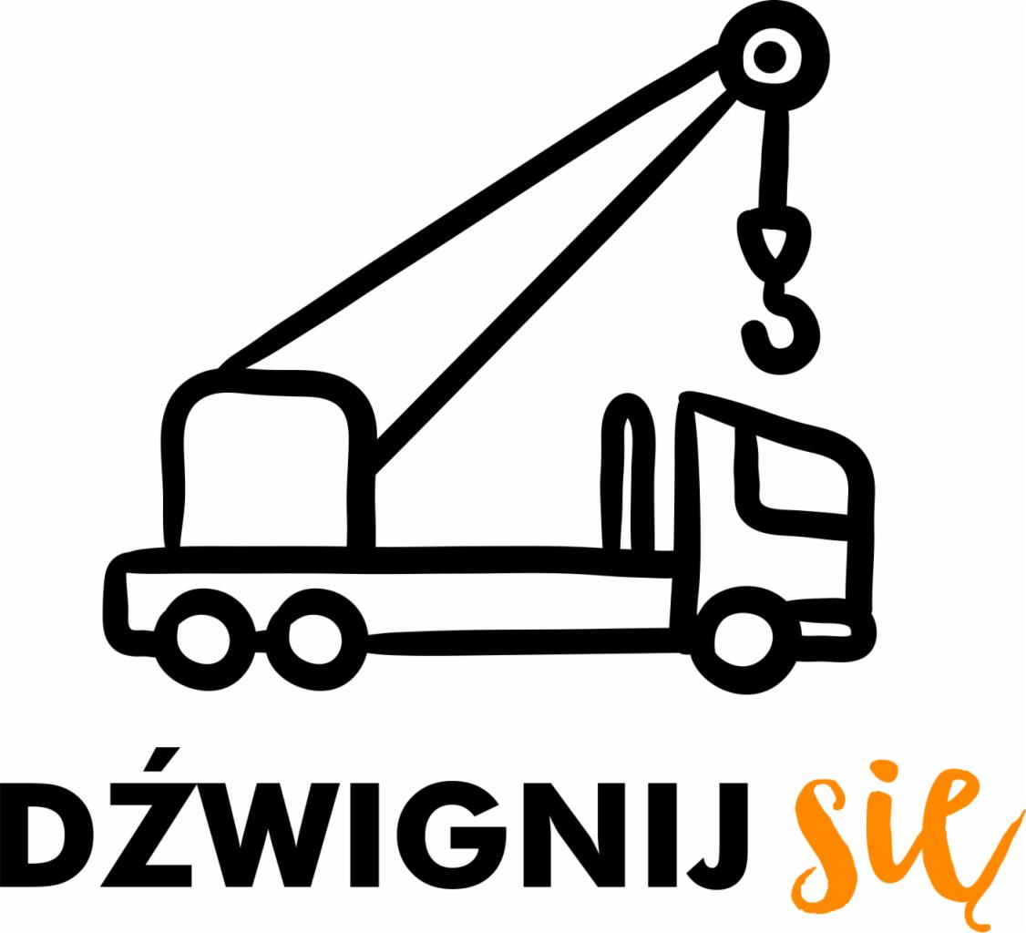 Czarno-biała ikona przedstawiająca dźwig samochodowy z napisem 'Dźwignij się', gdzie 'się' jest w kolorze pomarańczowym.