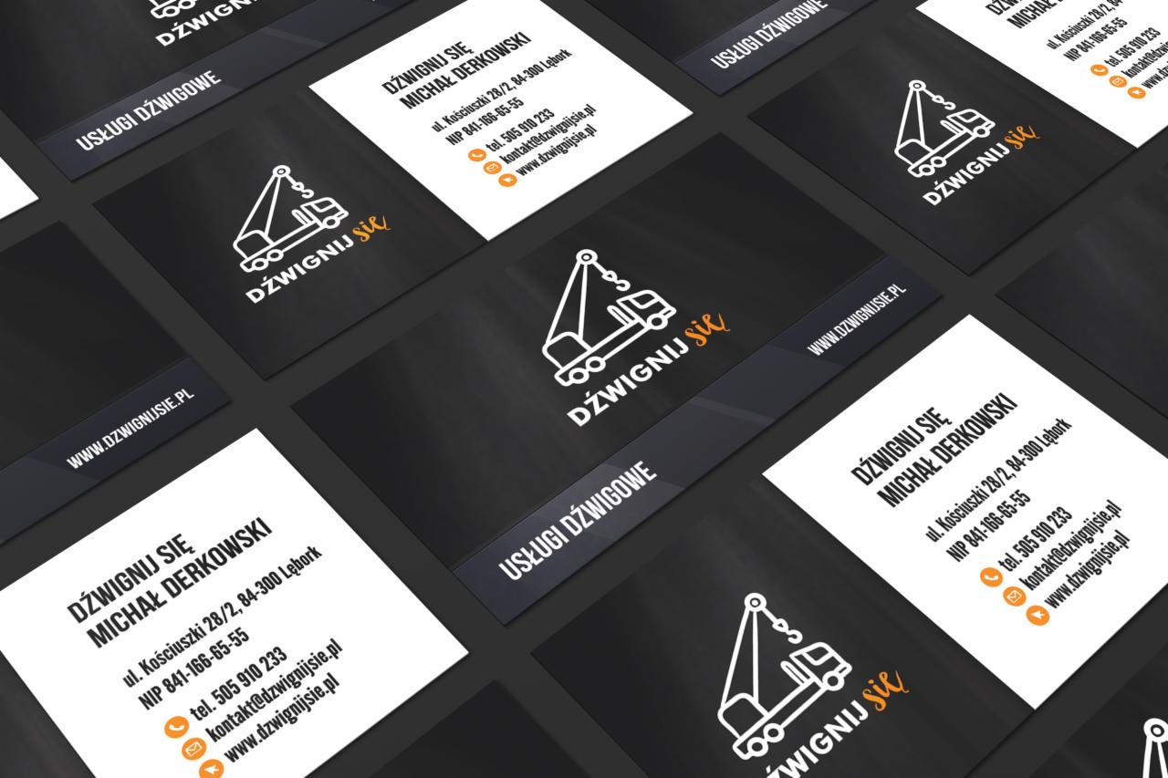Układ wizytówek firmy dźwigowej z białym logo dźwigu na czarnym tle, obok wizytówki z danymi kontaktowymi: imię, nazwisko, adres, NIP, telefon, email i adres strony internetowej.