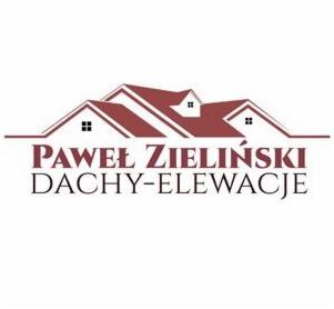 Logo firmy dekarskiej Paweł Zieliński Dachy-Elewacje z graficzną reprezentacją trzech czerwonych dachów z oknami na białym tle.