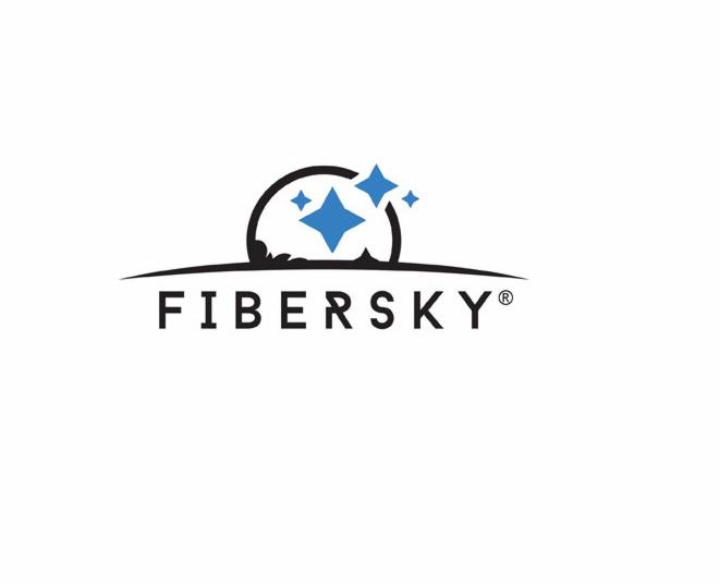 Logo firmy FIBERSKY z trzema niebieskimi gwiazdami nad napisem, umieszczone na białym tle.