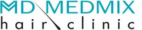 Logo kliniki przeszczepu włosów MD Medmix, nazwa w kolorze turkusowym, z stylizowanym włosem w logo.