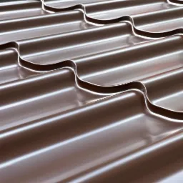 Błyszczące, brązowe arkusze metalu profilowanego z charakterystycznym falistym wzorem, ułożone równolegle, tworzące regularną strukturę z widocznymi refleksami światła.