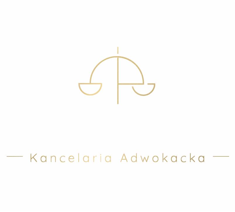 Minimalistyczne logo kancelarii adwokackiej: złote wagi sprawiedliwości nad napisem 'Kancelaria Adwokacka' na białym tle.