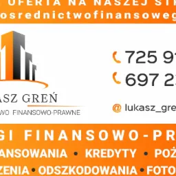 Grafika reklamowa firmy Łukasz Greń, przedsiębiorstwa finansowo-prawnego, oferującego usługi finansowo-prawne, dofinansowania, kredyty, pożyczki, ubezpieczenia, odszkodowania i fotowoltaikę.