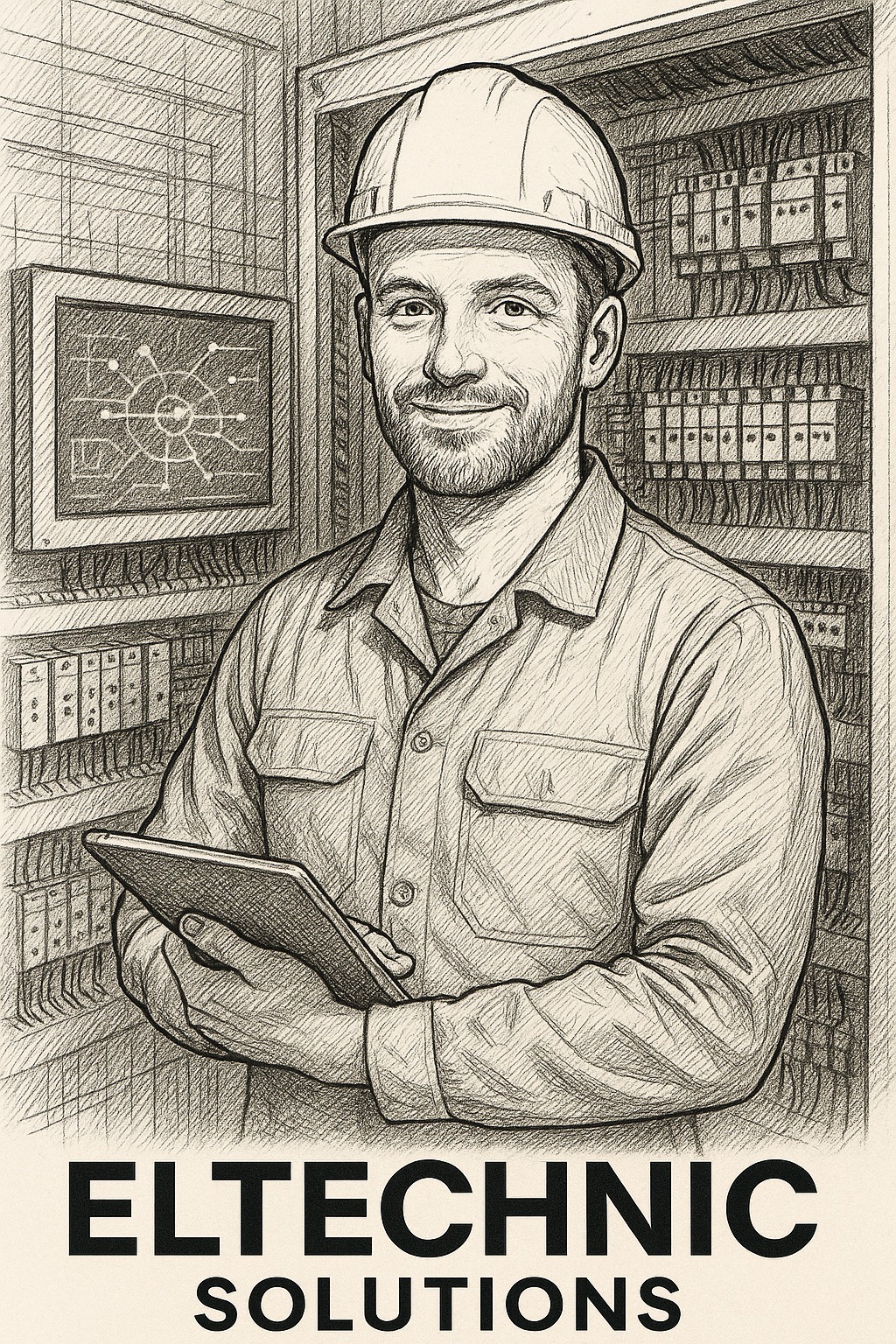 Szkic: Uśmiechnięty elektryk w kasku trzyma tablet na tle szafy sterowniczej. Widoczne schematy i okablowanie. Podpis 'ELTECHNIC SOLUTIONS'.