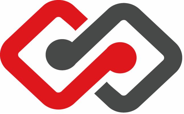 Abstrakcyjne logo firmy: czerwony i szary połączone elementy tworzą wzór przypominający nieskończoność.