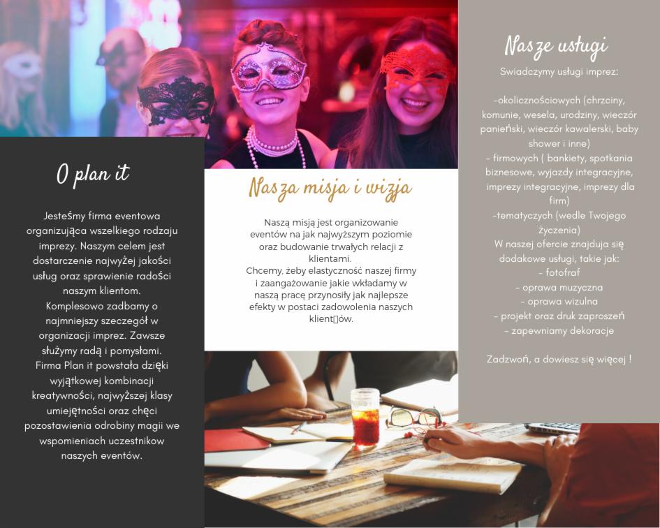 Uśmiechnięte kobiety w maskach karnawałowych podczas imprezy, widoczne logo i opis usług firmy eventowej.