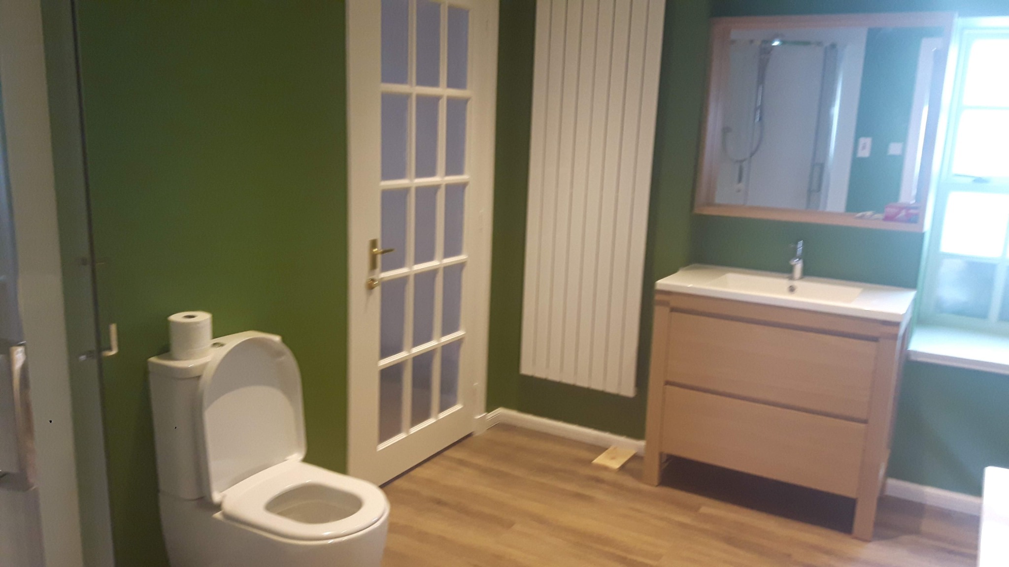 Wykończona łazienka w Rudzie Śląskiej z toaletą, umywalką z szafką i grzejnikiem na tle oliwkowozielonej ściany oraz białych drzwi z przeszkleniami.